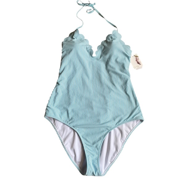 NWT Jessica Simpson One-Piece Scalloped Blue Striped Swimsuit Size XL - Picture 2 of 8